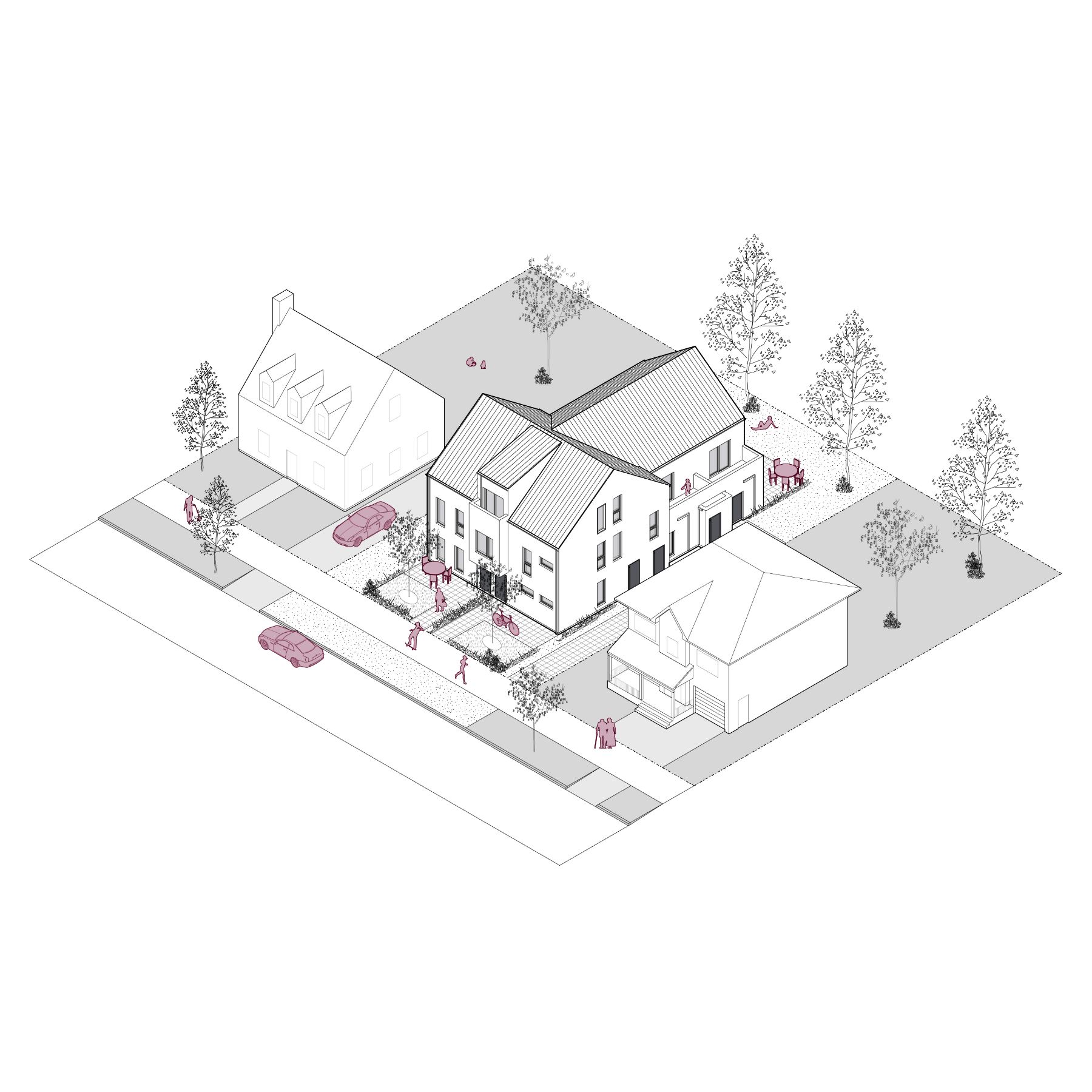 A 3D line rendering of the Sixplex, which has an area of 205 sq. m (2,207 sq. ft.) and rises three stories high. It shows the building’s integration into a typical neighbourhood, emphasizing its multi-unit design with six residential units.
